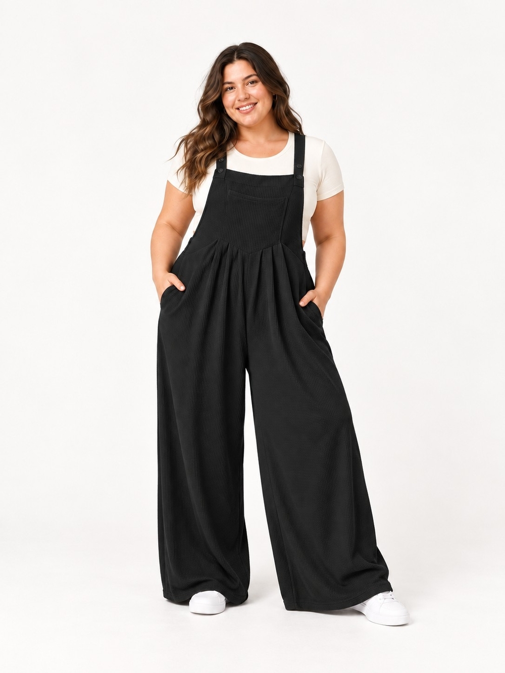 NWT Halara Black Waffle Slouchy Lagenlook Wide Leg Overalls Jumpsuit XL Pleated